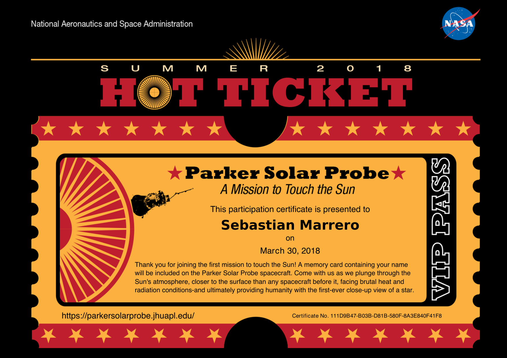 Parker Solar Probe Certificate — Sebastian Marrero